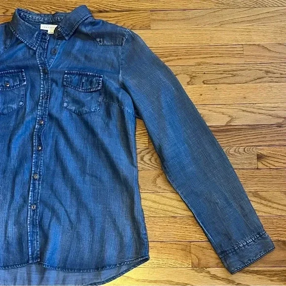 Love Stitch Dark Wash Blue Button Down Long Sleeve Denim Shirt | Size Large - Picture 6 of 12